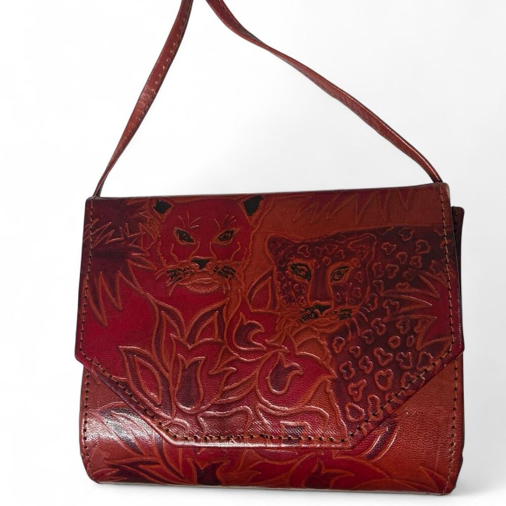 Vintage Y2K 2000s retro 90s 1990s Red tooled leather handbag big cat leopard